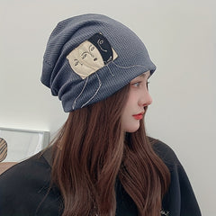 Face Graphic Patch Beanie Solid Elastic Knit Hat Hip Hop Lightweight Skull Hat