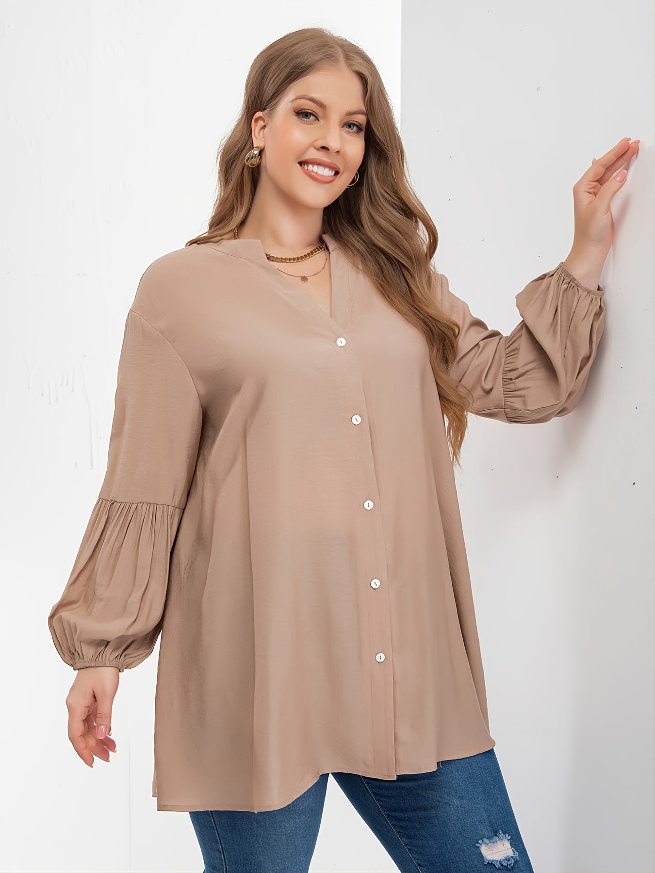Oversized Tunic Lantern Sleeve Blouse Women's Plus Loose Fit Shirt