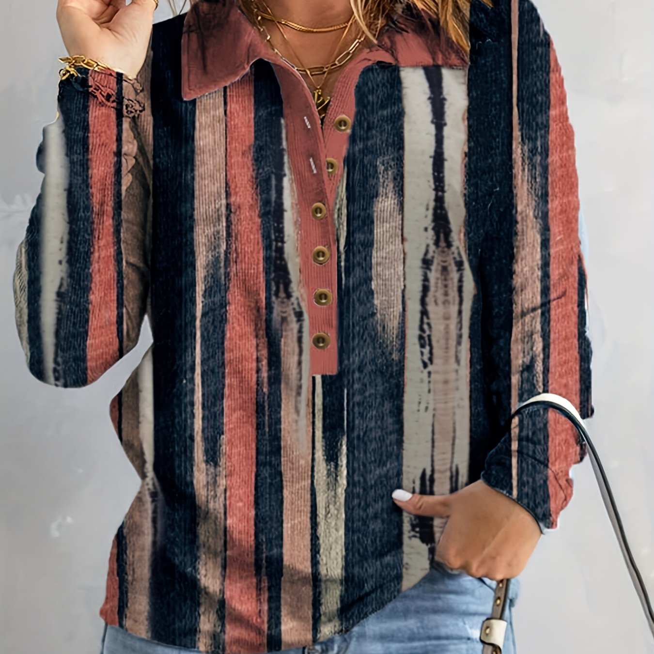 Stripe Print Long Sleeve Workwear Top