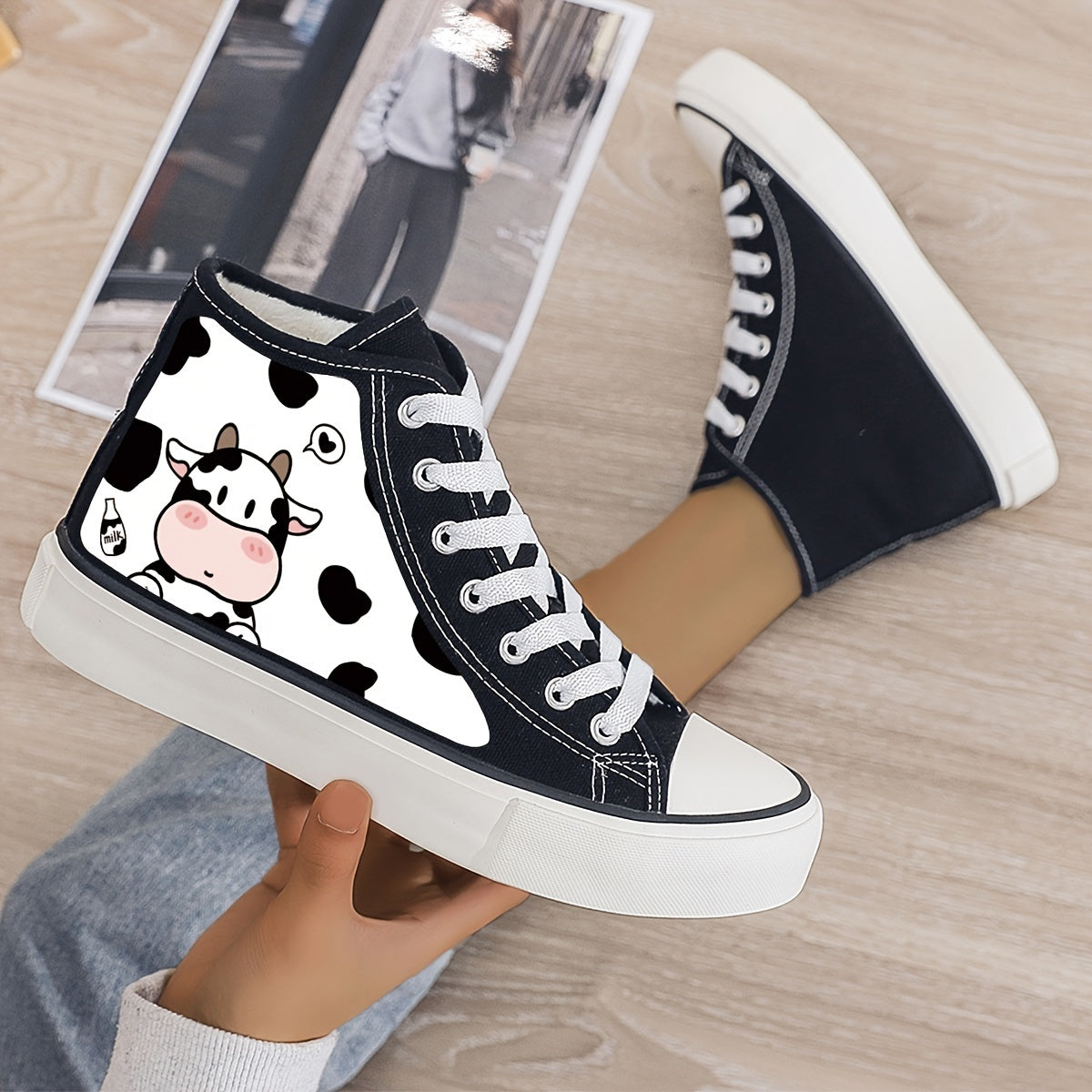 Girl's Cartoon Cow High Top Skate Shoes Warm Plush Lining Non Slip Sneakers