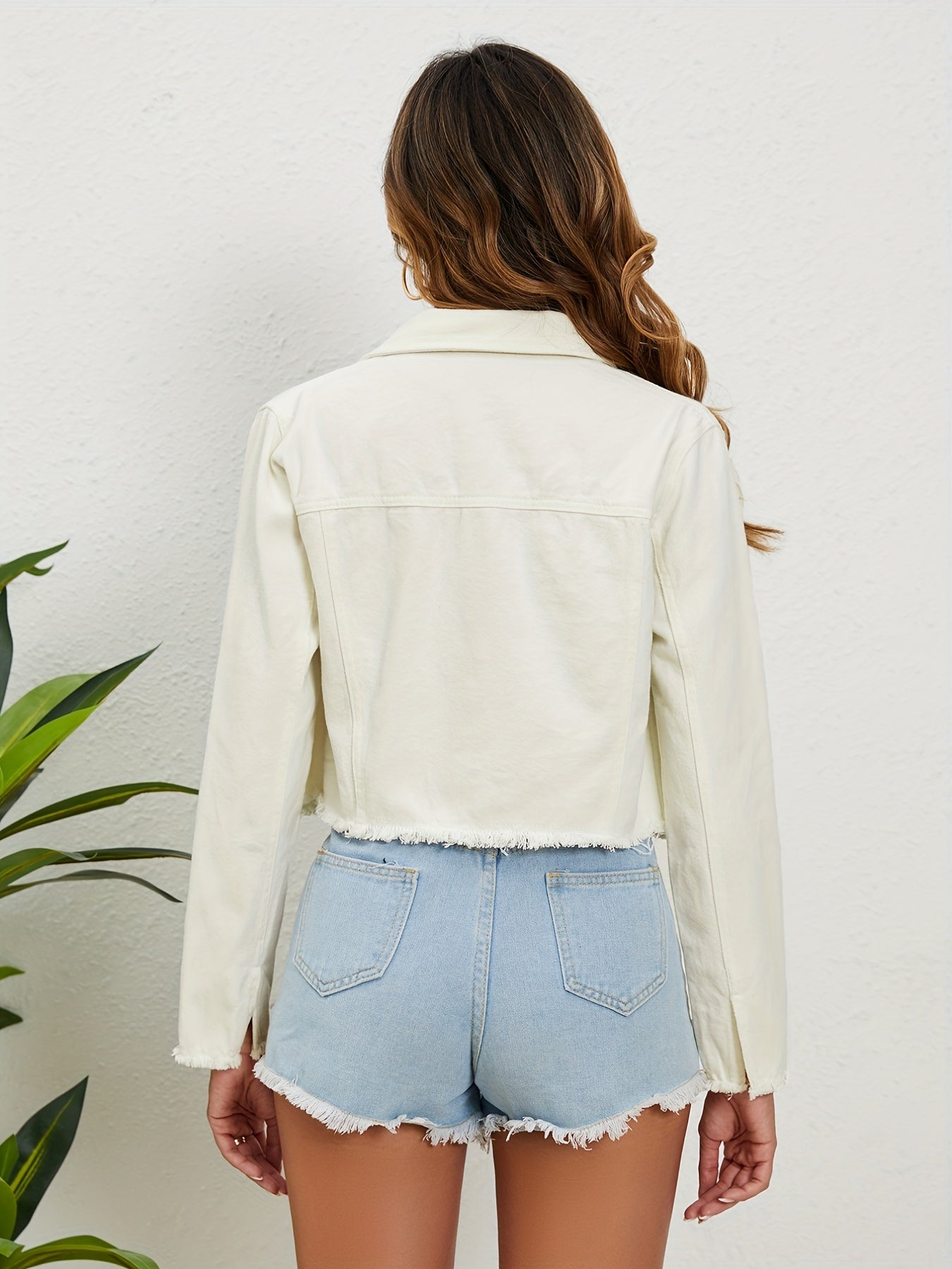 Frayed Trim Denim Jackets Long Sleeves Single Breasted Button Lapel Denim Coats