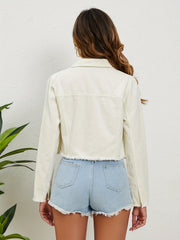 Frayed Trim Denim Jackets Long Sleeves Single Breasted Button Lapel Denim Coats