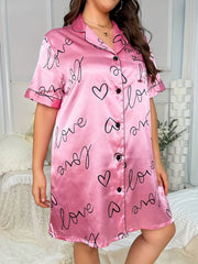 Nightgown Women's Plus Heart & Letter Print Short Sleeve Nightshirt
