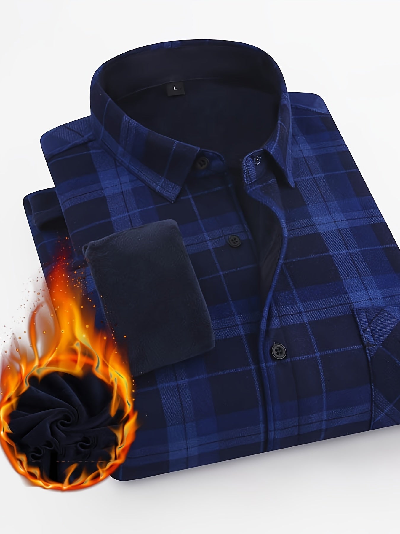 Men's Plaid Fleece Shirt Turndown Collar Long Sleeve Warm Autumn Winter