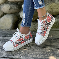 Women's Flower & Leopard Print Canvas Shoes Low Top Sneakers