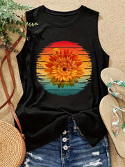 Sunflower Print Round Neck Tank Top for Women
