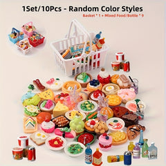 10pcs Mini Supermarket Shopping Basket Set with Food & Drink Models