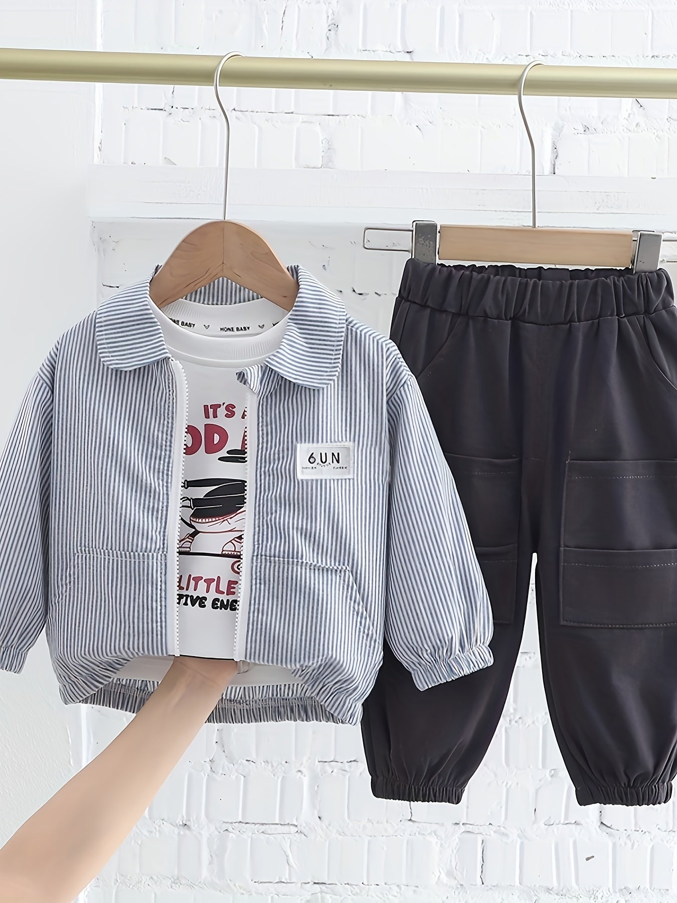 3pcs Boy's Striped Zipper Jacket & Long Sleeve Top & Cargo Pants Set
