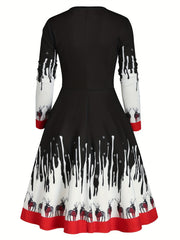 Colorblock Deer Print Round Neck Dress