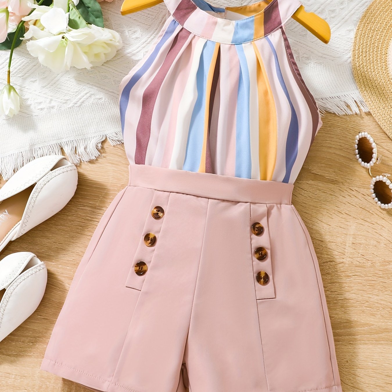 Girls Summer Outfit Stripes Halter Top & Button Shorts Set