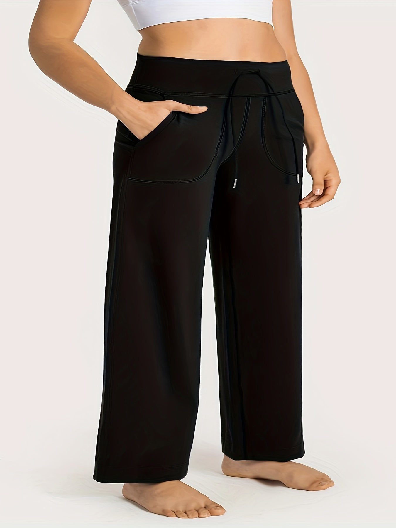 Women's Plus Size Tie Waist Wide Leg Yoga Pants With Pockets
