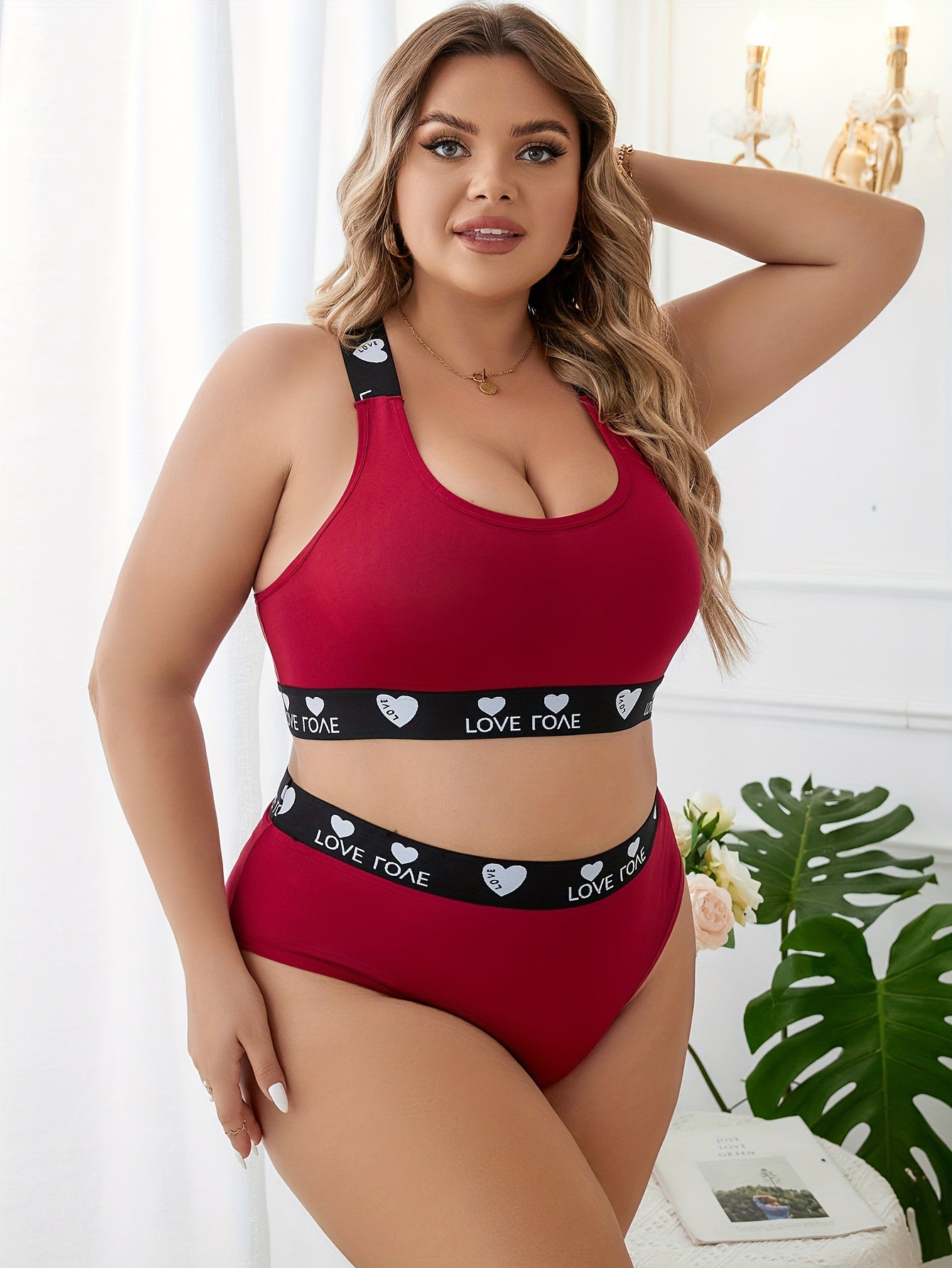 Plus Size Sexy Lingerie Set Letter Tape Crisscross Cut Out Bra & Panty