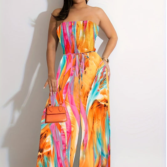 Casual Tube Jumpsuit Women's Plus Random Print