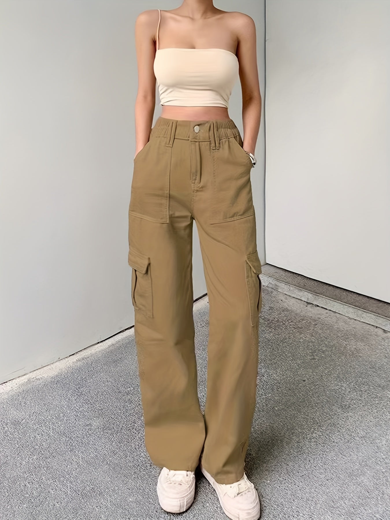 High Rise Solid Cargo Pants Expanded Pockets Loose Baggy Fit
