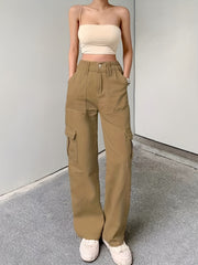 High Rise Solid Cargo Pants Expanded Pockets Loose Baggy Fit