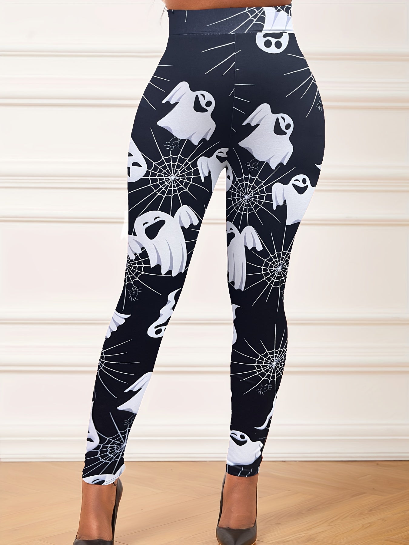 Halloween Leggings Women's Plus Ghost & Spider Web Print Leggings