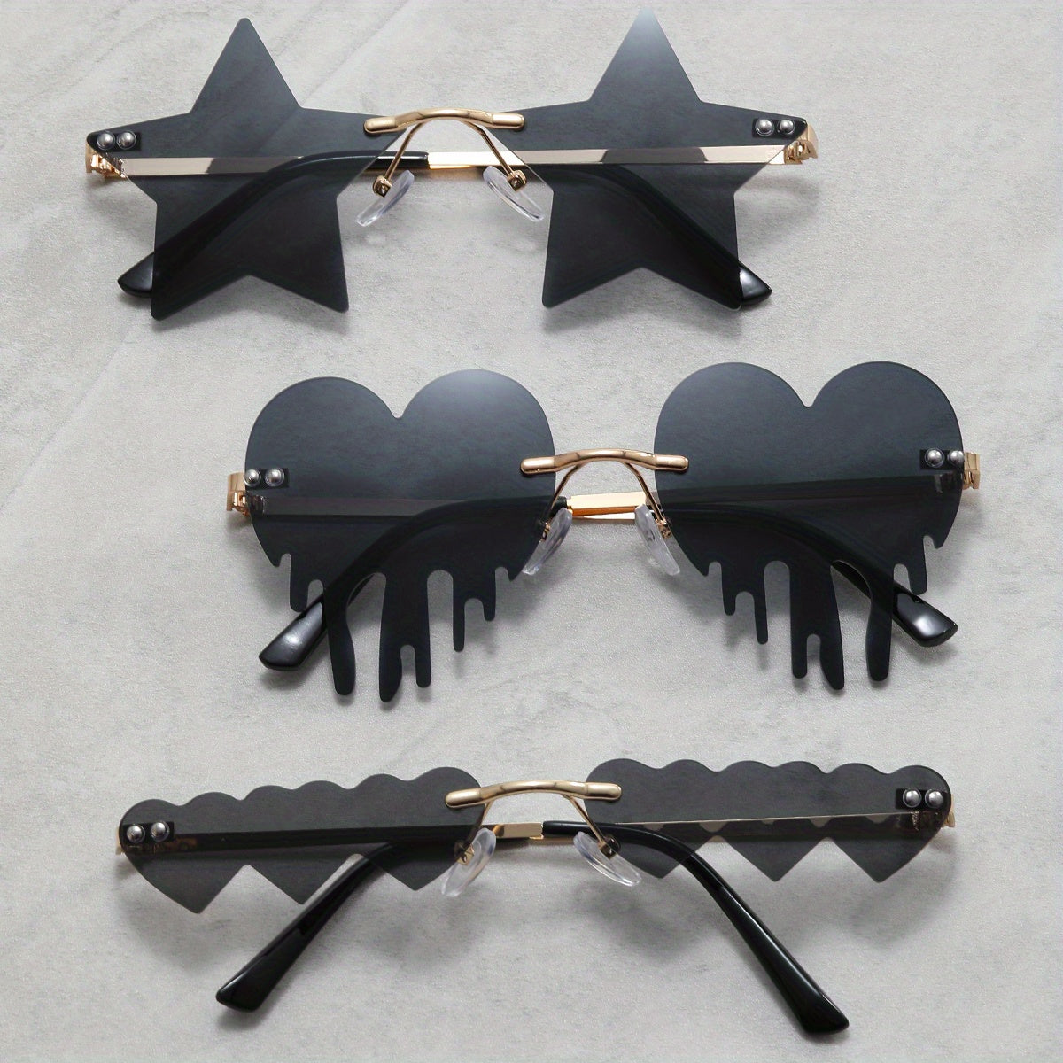 3 Pairs Men's Rimless Sunglasses Set - Heart Star Shaped Decorative Accessories