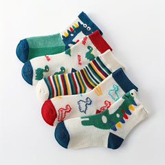 5pairs Boys Kids Cotton Blend Dinosaur Crew Socks Breathable Spring Summer
