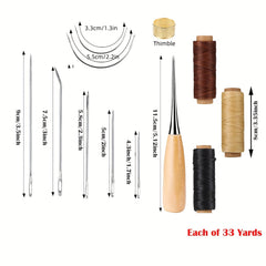 12pcs Leather Sewing Kit w/ 33 Yards Waxed Thread Cord & Large Eye Needles