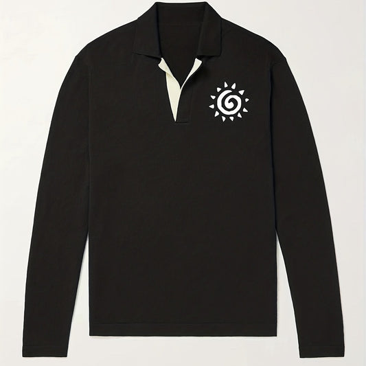 Sun Pattern Knit Polo Shirt Men's Casual Lapel Middle Stretch