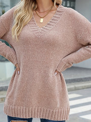 Casual Sweater Women's Plus Solid V Neck Jumper