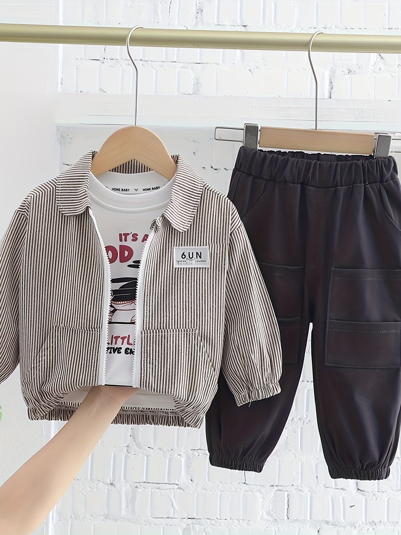 3pcs Boy's Striped Zipper Jacket & Long Sleeve Top & Cargo Pants Set