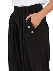 Pleated Elastic Waist Pants Button Decor Baggy Pants