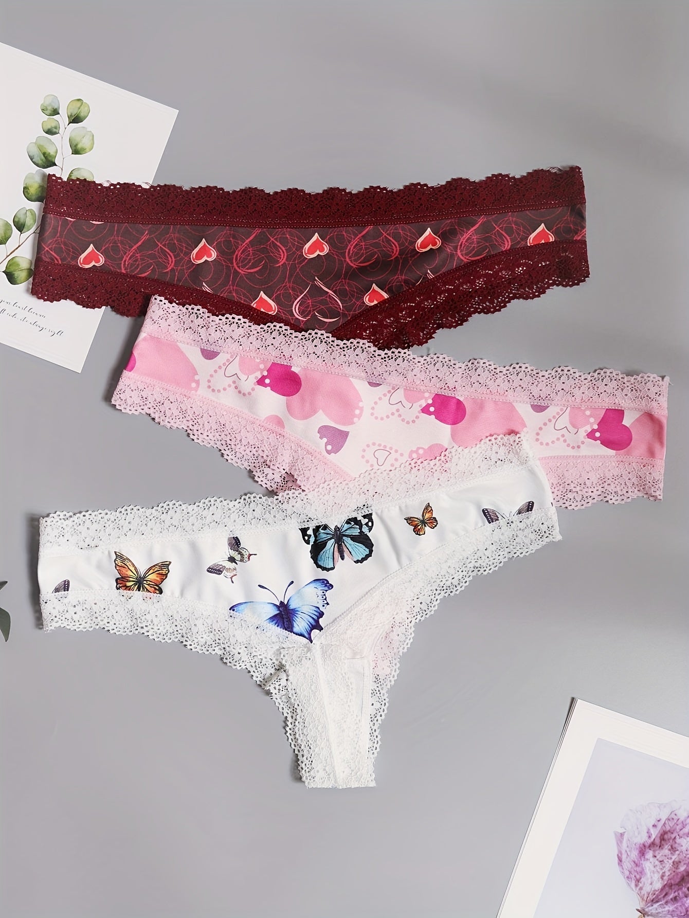 3 Pack Plus Size Butterfly & Heart Print Tanga Panty Set