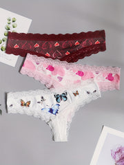3 Pack Plus Size Butterfly & Heart Print Tanga Panty Set