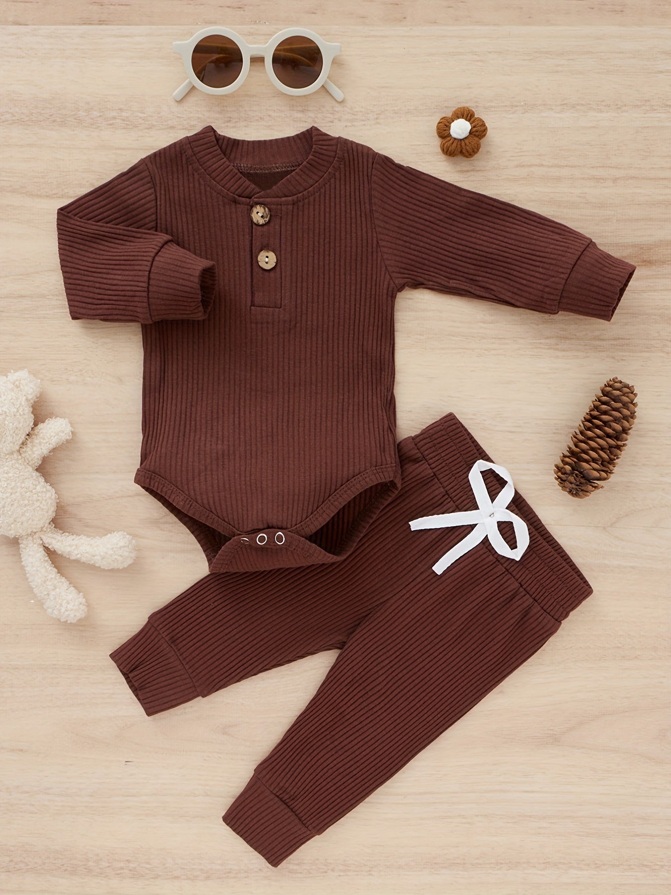 Ribbed Long Sleeve Pullover Creeper Tops Pants 2PCS Set