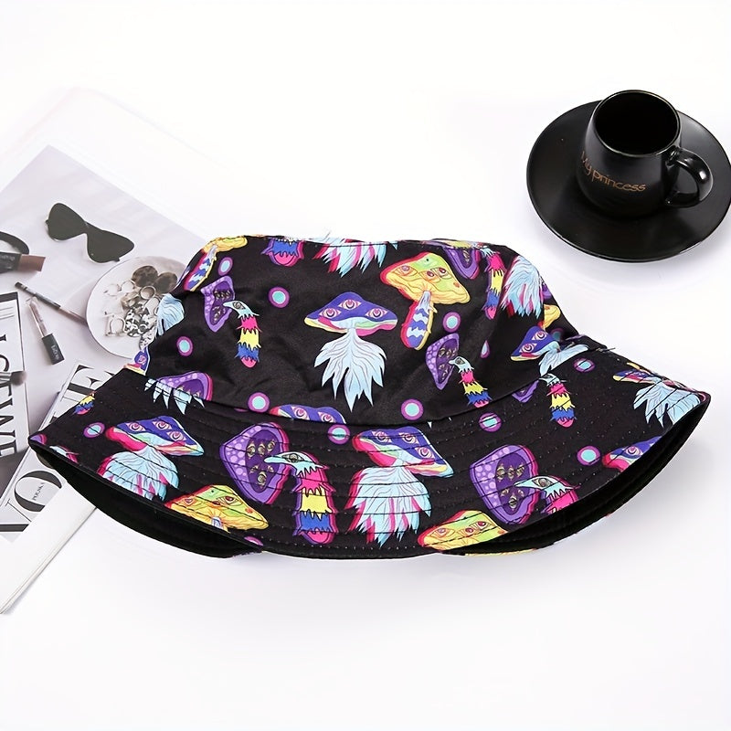 Y2K Mushroom Print Bucket Hat Cartoon Basin Hat Unisex Lightweight Fisherman Cap