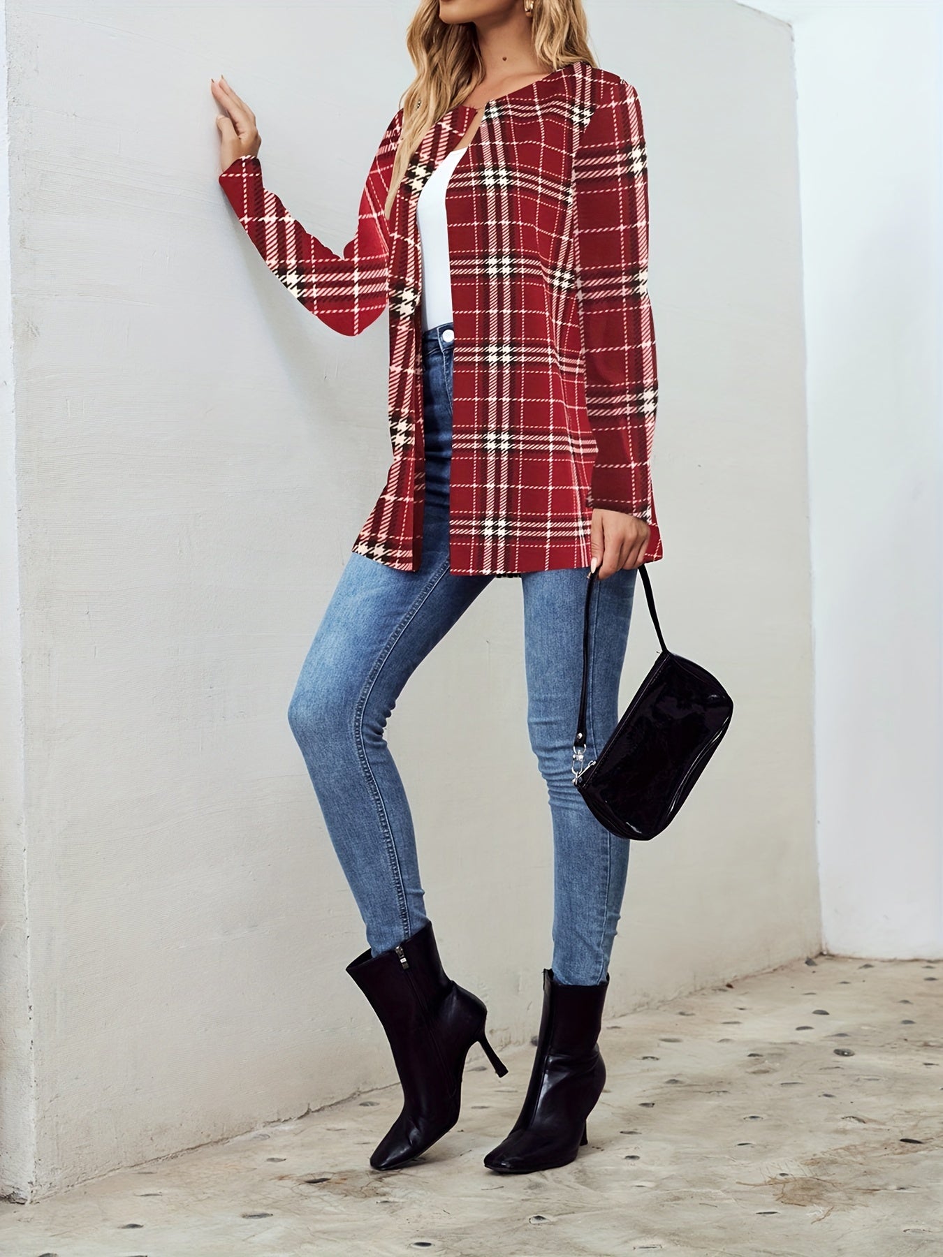Plaid Print Open Front Jacket Long Sleeve Outerwear