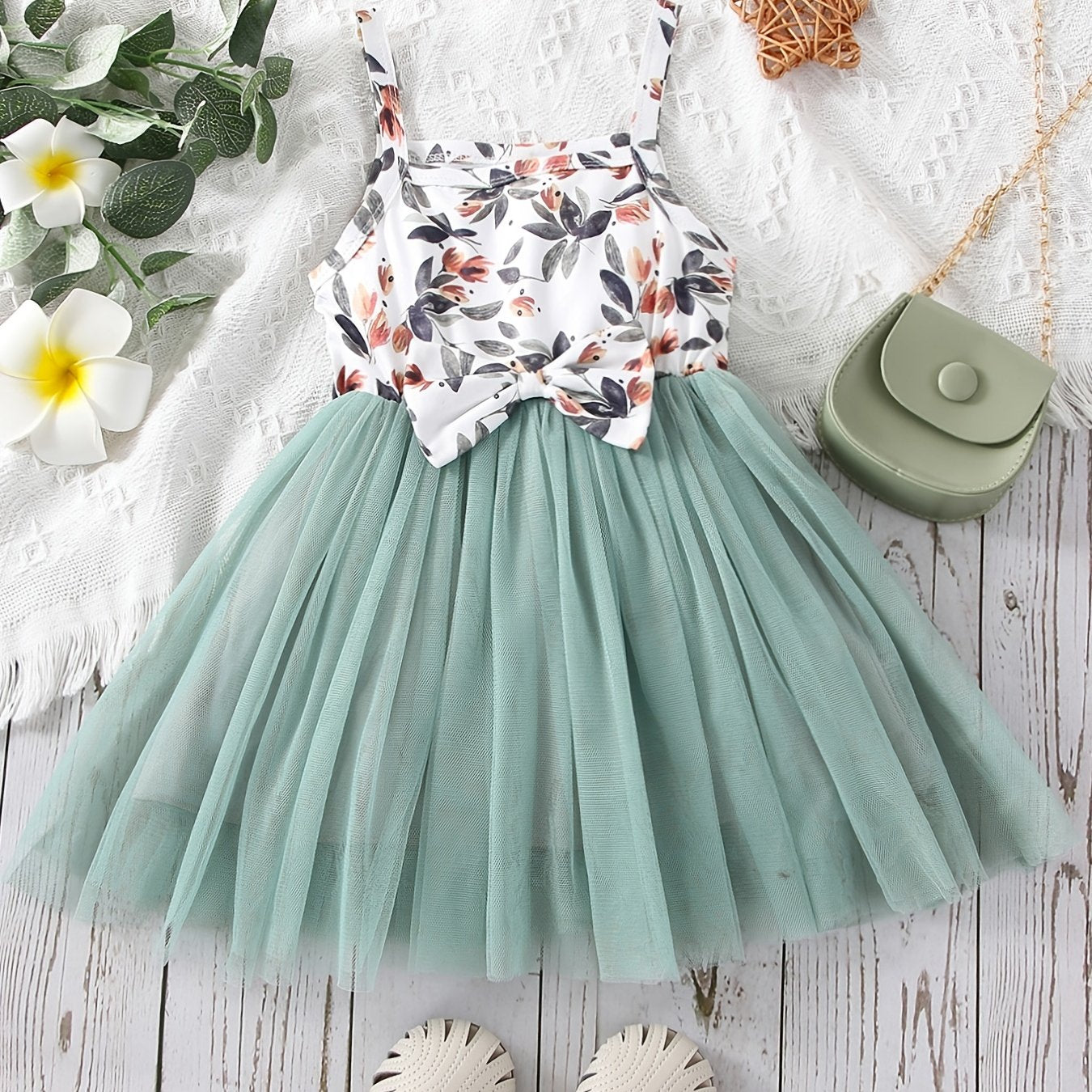 Infant Bowknot Puffy Overall Dress with Mesh for Kids