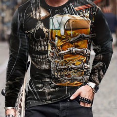Skull Drinking Beer 3d Print Men's Long Sleeve T-shirt for Autumn