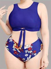 Boho Tankini Set Solid Tie Front Crop Tank Top & Floral Print Panty