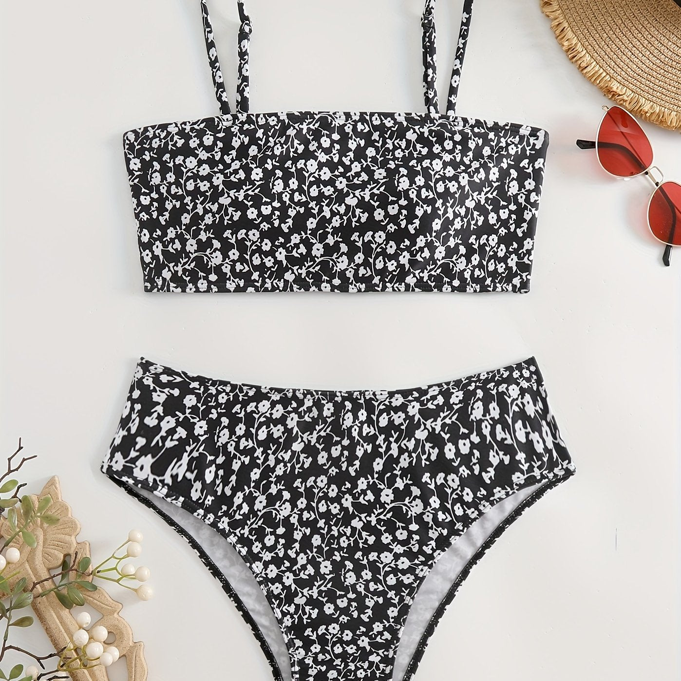Floral Pattern Bikini Set Spaghetti Straps High Stretch Swimsuit