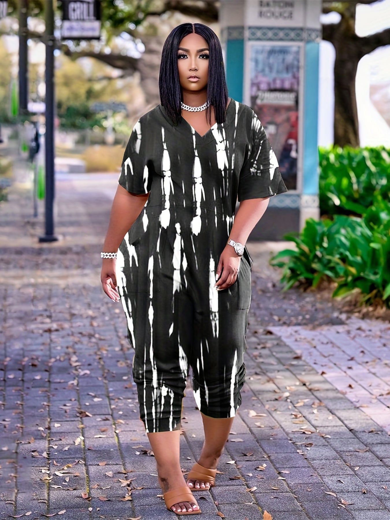 Tie Dye V-Neck Jumpsuit with Pockets