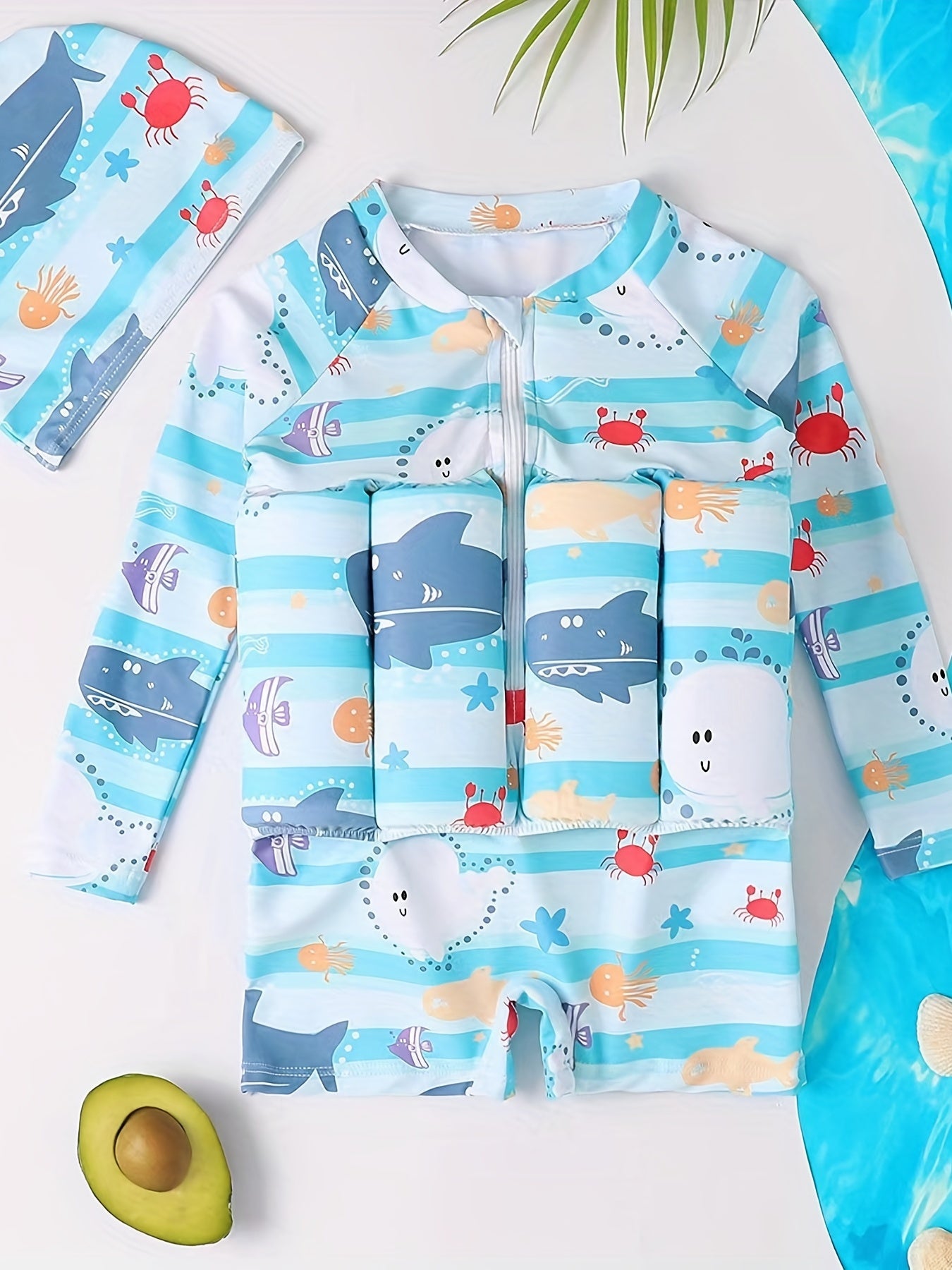 2pcs Baby Cartoon Print Buoyancy Swimsuit & Cap Set