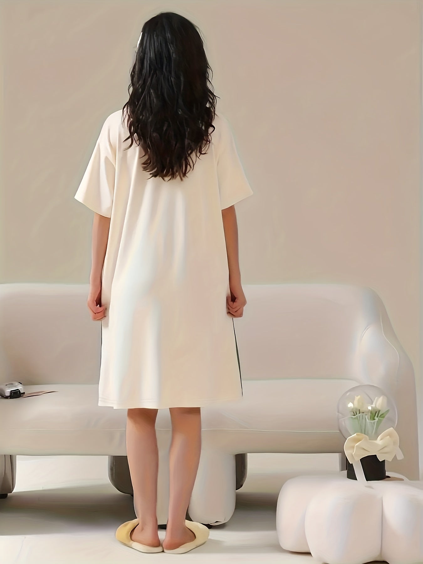 Bunny Print Lounge Dress Soft & Comfy Short Sleeve Home Dress