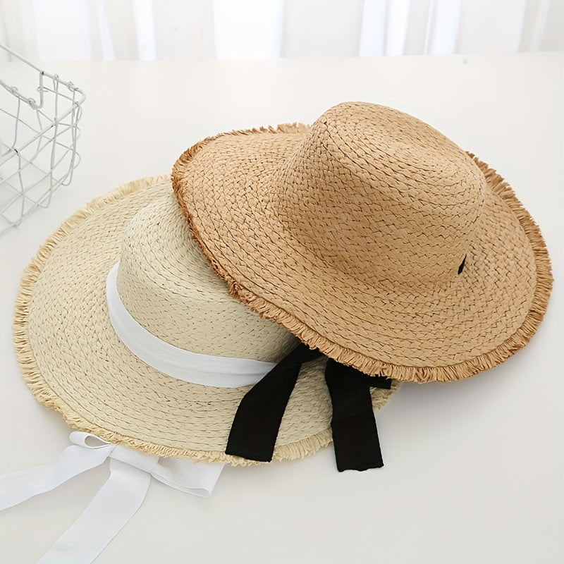 Ribbon Bowknot Straw Hat UV Protection Wide Brim Travel Beach Hat