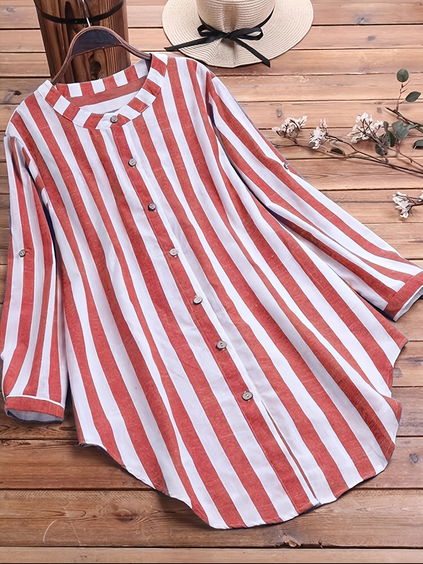 Plus Stripe Print Button Up Round Neck Long Sleeve Blouse