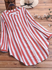 Plus Stripe Print Button Up Round Neck Long Sleeve Blouse