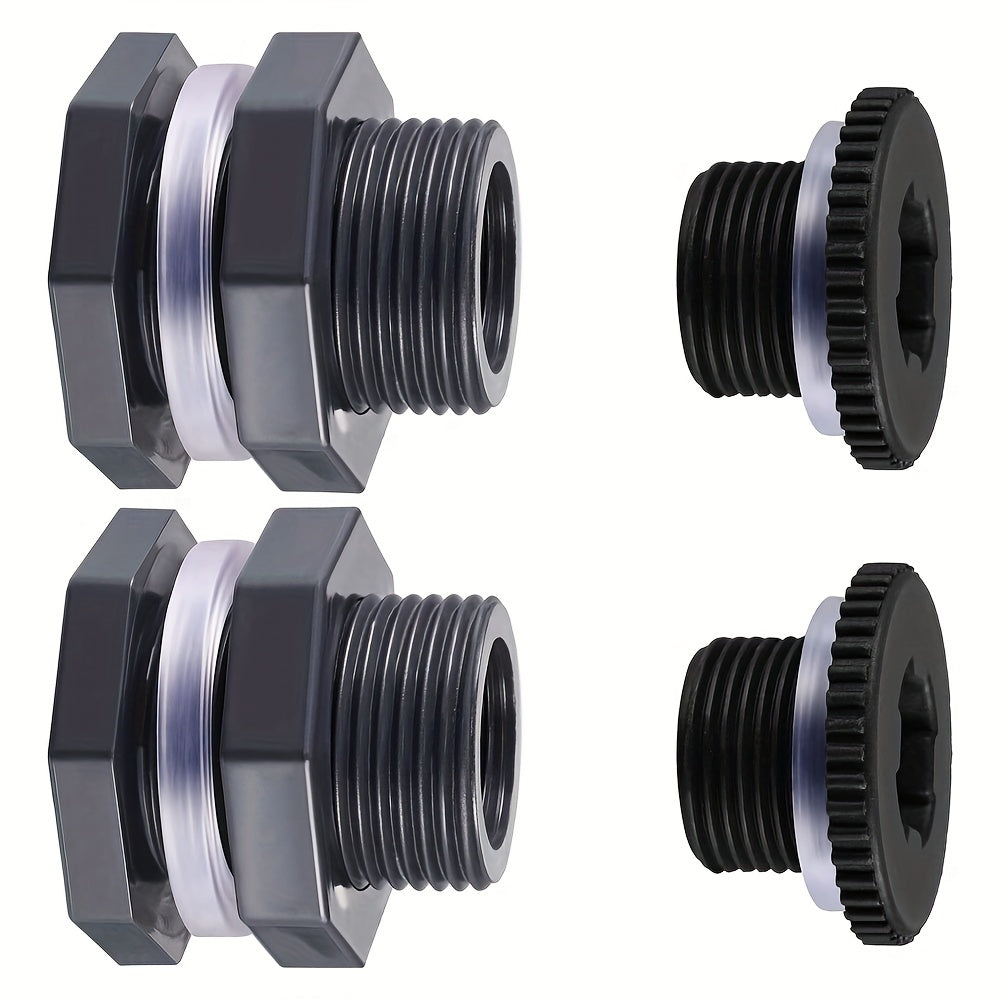 2 Sets PVC Bulkhead Fitting With Plugs for Rain Barrels Aquariums Water Tanks