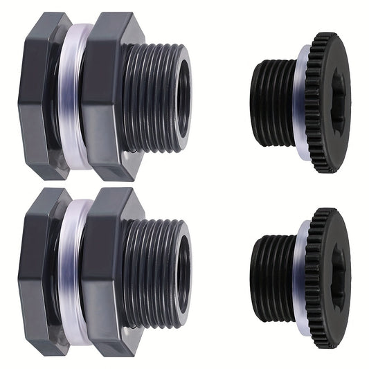 2 Sets PVC Bulkhead Fitting With Plugs for Rain Barrels Aquariums Water Tanks