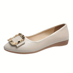 Metallic Square Buckle Ballet Flats Pointed Toe Comfy Soft Sole