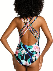 Floral Print V Neck One Piece Bathing Suit