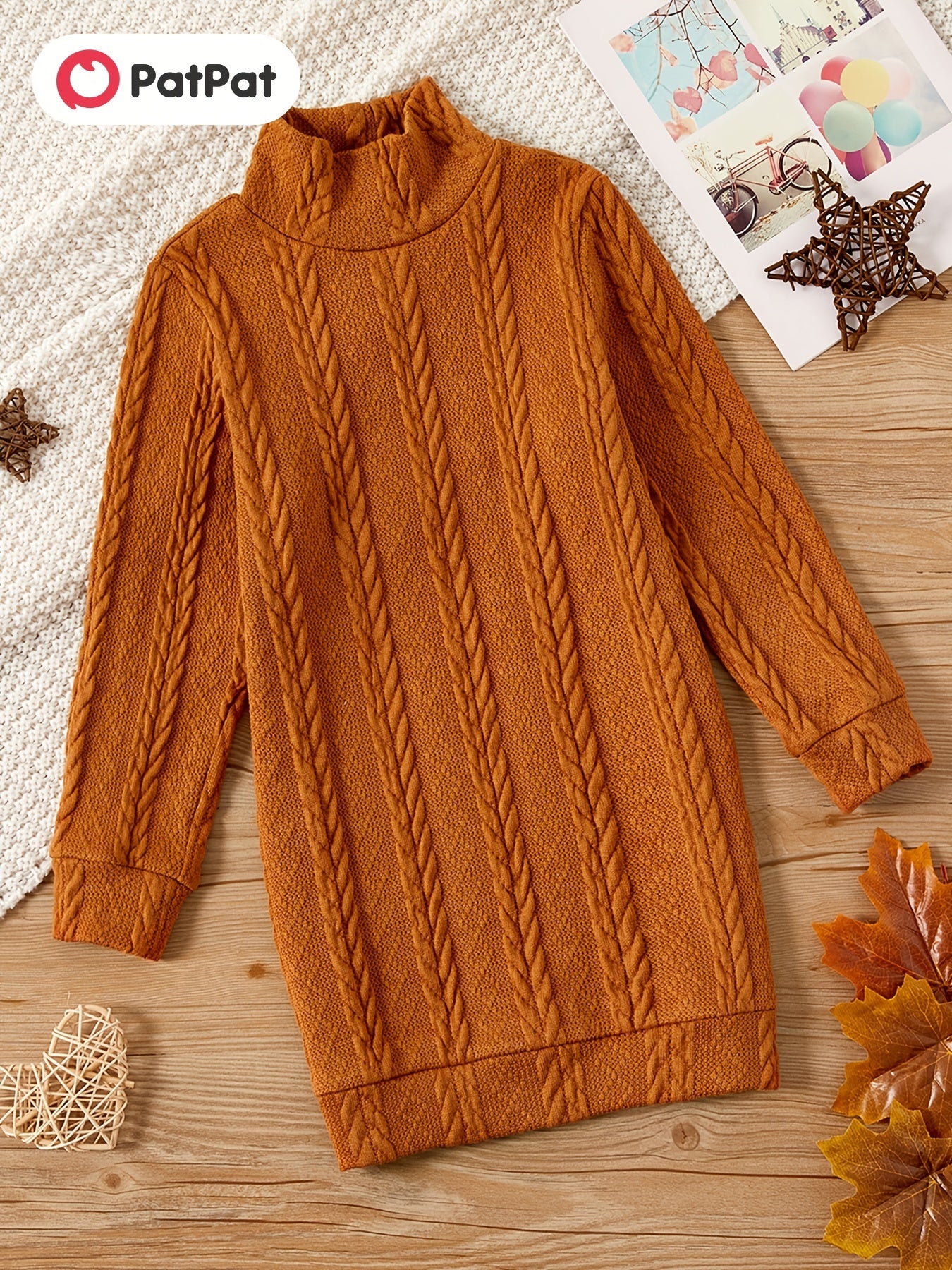 Kid Girl Solid Cable Knit Mock Neck Sweater Dress
