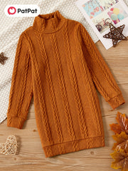 Kid Girl Solid Cable Knit Mock Neck Sweater Dress