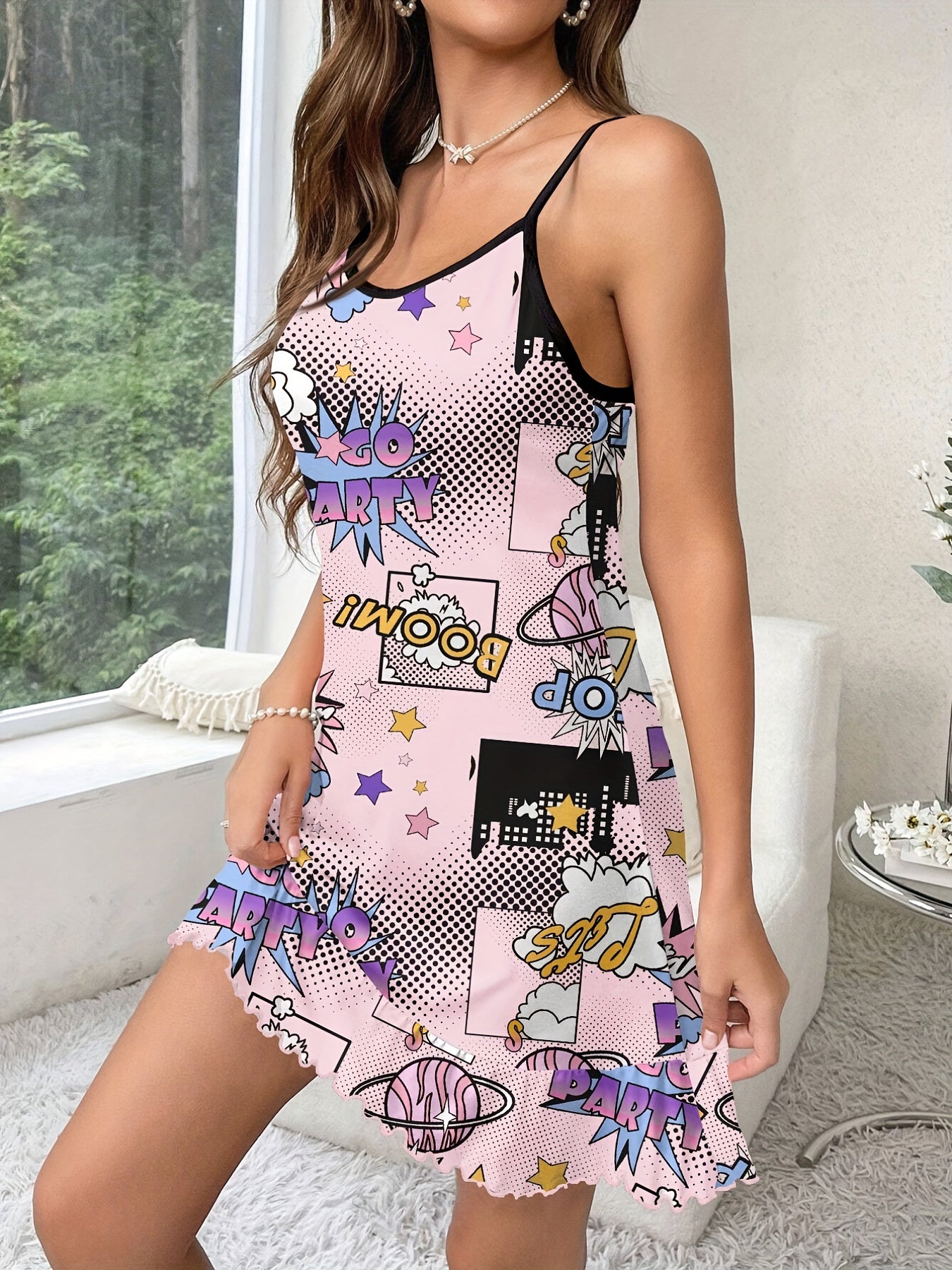 Letter Print Nightdress Spaghetti Strap Sleep Dress Women's Sleepwear
