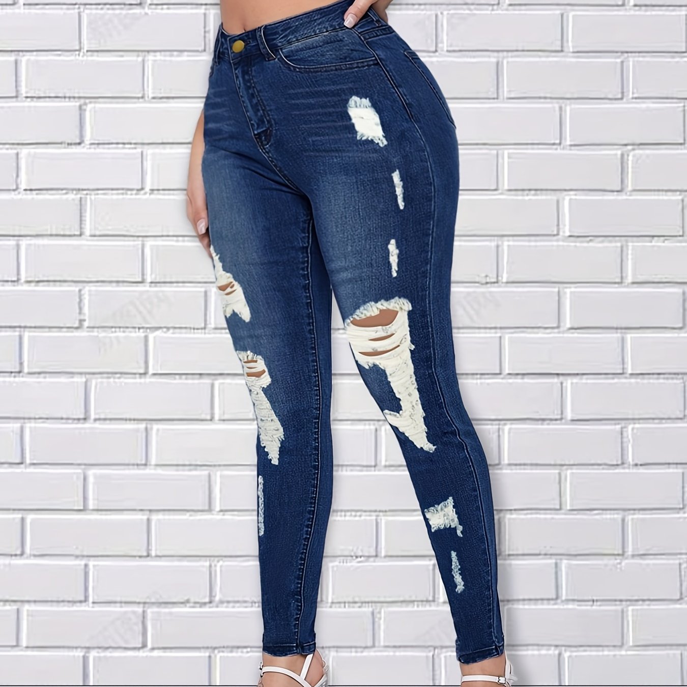 Mid Rise Skinny Jeans Distressed Denim Pants Women's Denim Jeans
